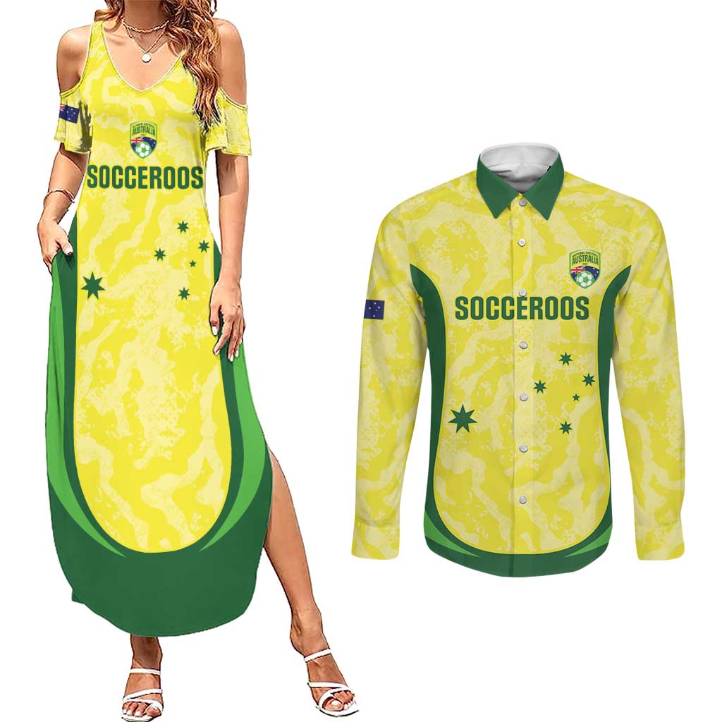 Australia Football Custom Couples Matching Summer Maxi Dress and Long Sleeve Button Shirt Go Socceroos Grunge Sporty Style - Aussie Hoodie