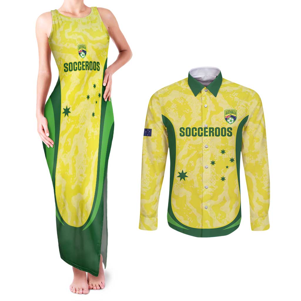 Australia Football Custom Couples Matching Tank Maxi Dress and Long Sleeve Button Shirt Go Socceroos Grunge Sporty Style - Aussie Hoodie