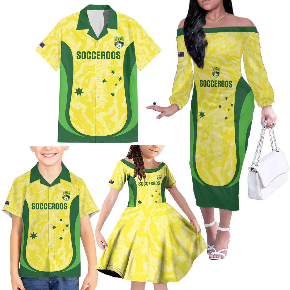 Australia Football Custom Family Matching Off The Shoulder Long Sleeve Dress and Hawaiian Shirt Go Socceroos Grunge Sporty Style - Aussie Hoodie