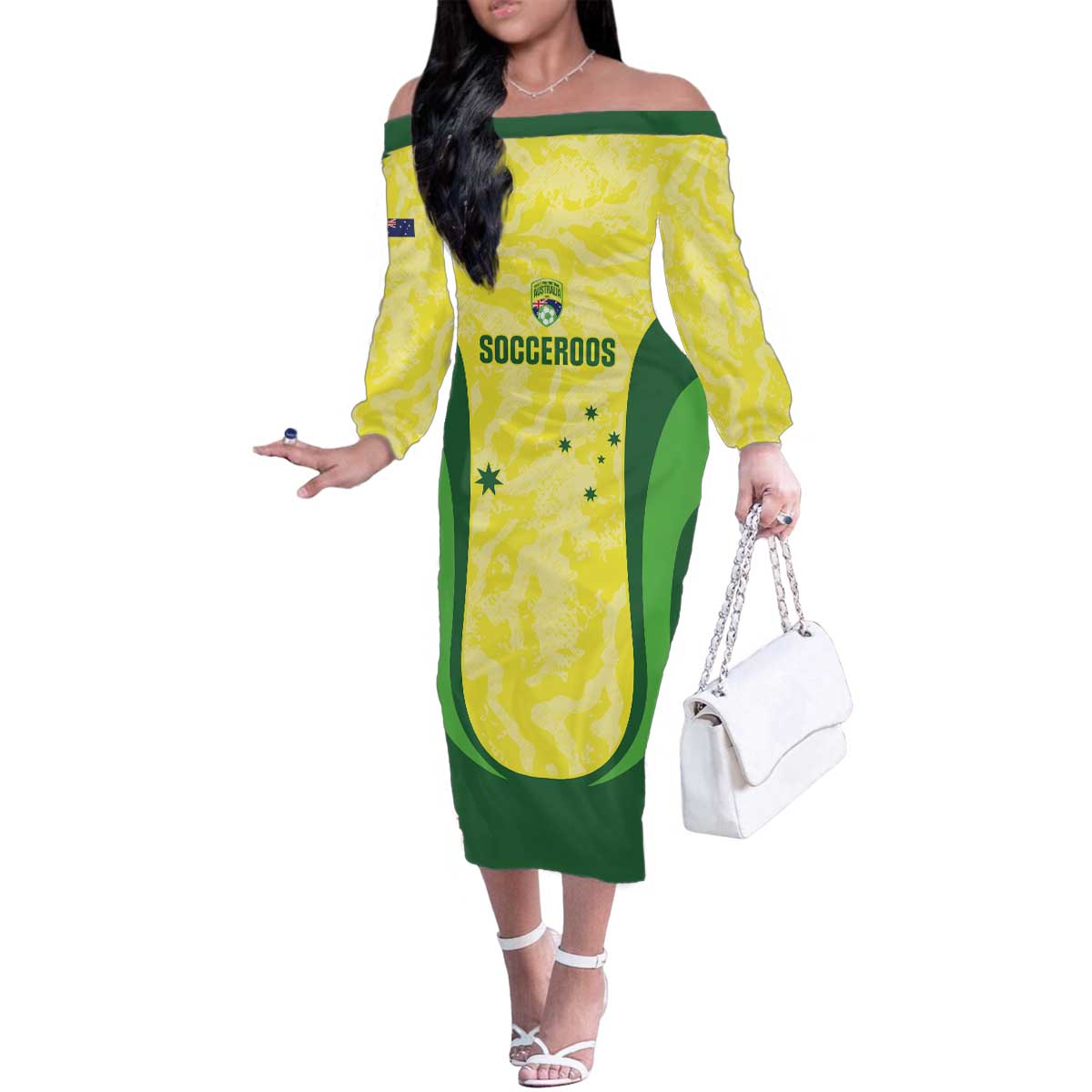 Australia Football Custom Family Matching Off The Shoulder Long Sleeve Dress and Hawaiian Shirt Go Socceroos Grunge Sporty Style - Aussie Hoodie