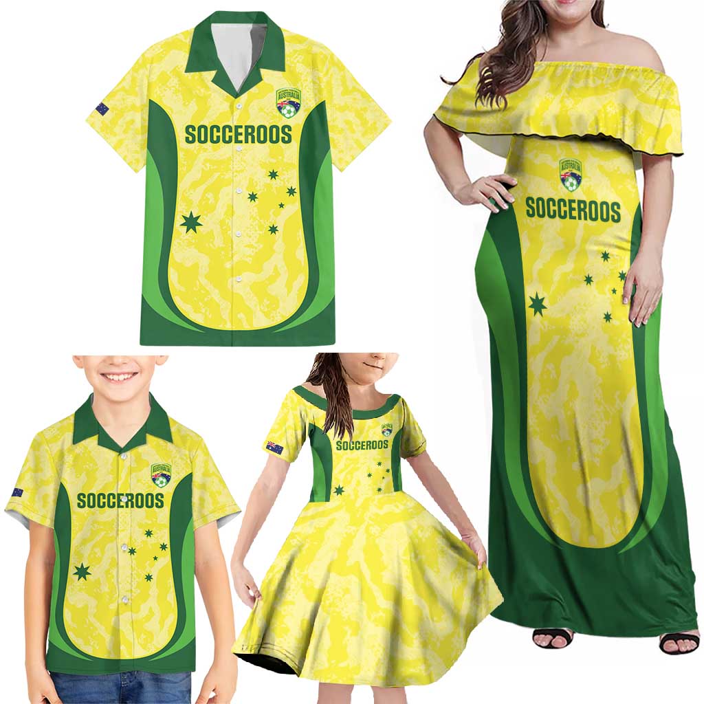 Australia Football Custom Family Matching Off Shoulder Maxi Dress and Hawaiian Shirt Go Socceroos Grunge Sporty Style - Aussie Hoodie