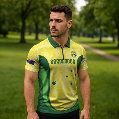 Australia Football Custom Zipper Polo Shirt Go Socceroos Grunge Sporty Style - Aussie Hoodie