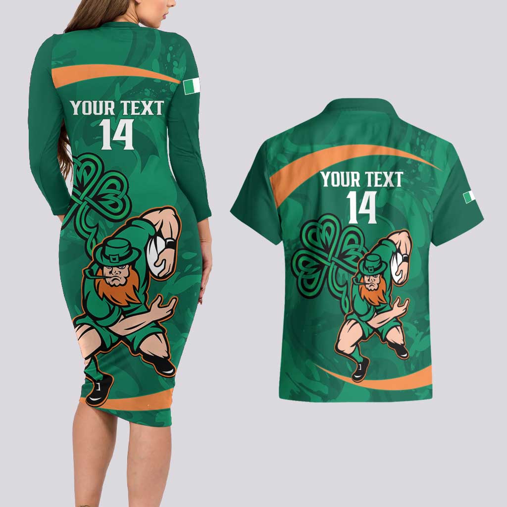 Custom Ireland Rugby Sevens Couples Matching Long Sleeve Bodycon Dress and Hawaiian Shirt Go Champions Irish Shamrock