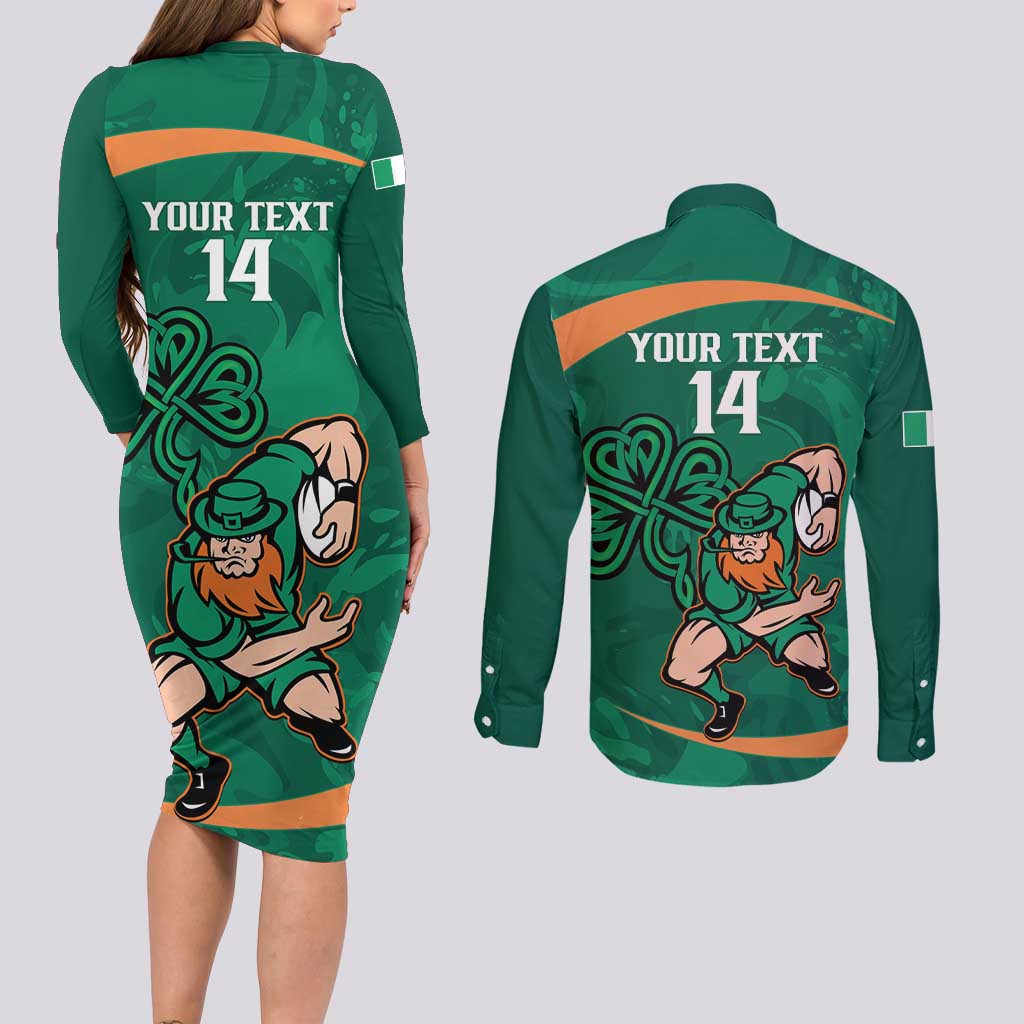 Custom Ireland Rugby Sevens Couples Matching Long Sleeve Bodycon Dress and Long Sleeve Button Shirt Go Champions Irish Shamrock
