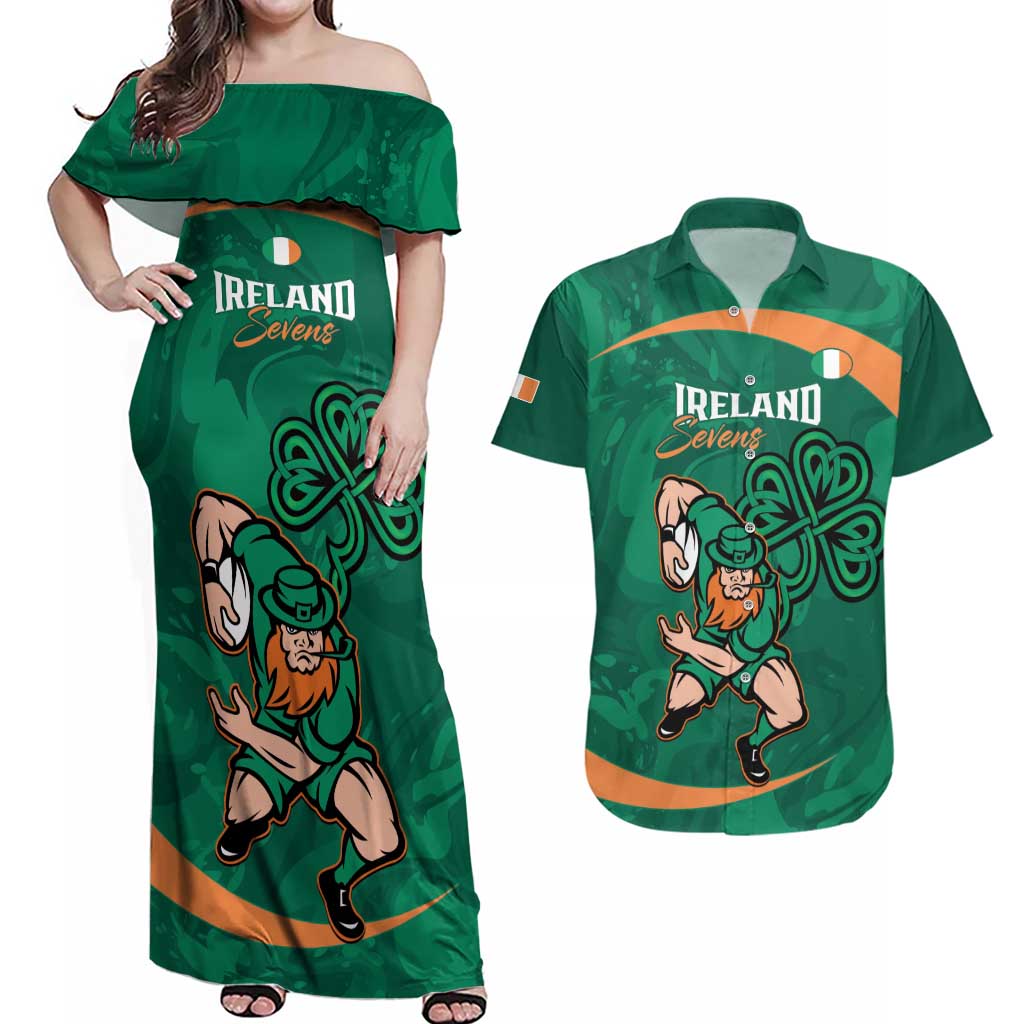 Custom Ireland Rugby Sevens Couples Matching Off Shoulder Maxi Dress and Hawaiian Shirt Go Champions Irish Shamrock