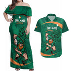 Custom Ireland Rugby Sevens Couples Matching Off Shoulder Maxi Dress and Hawaiian Shirt Go Champions Irish Shamrock