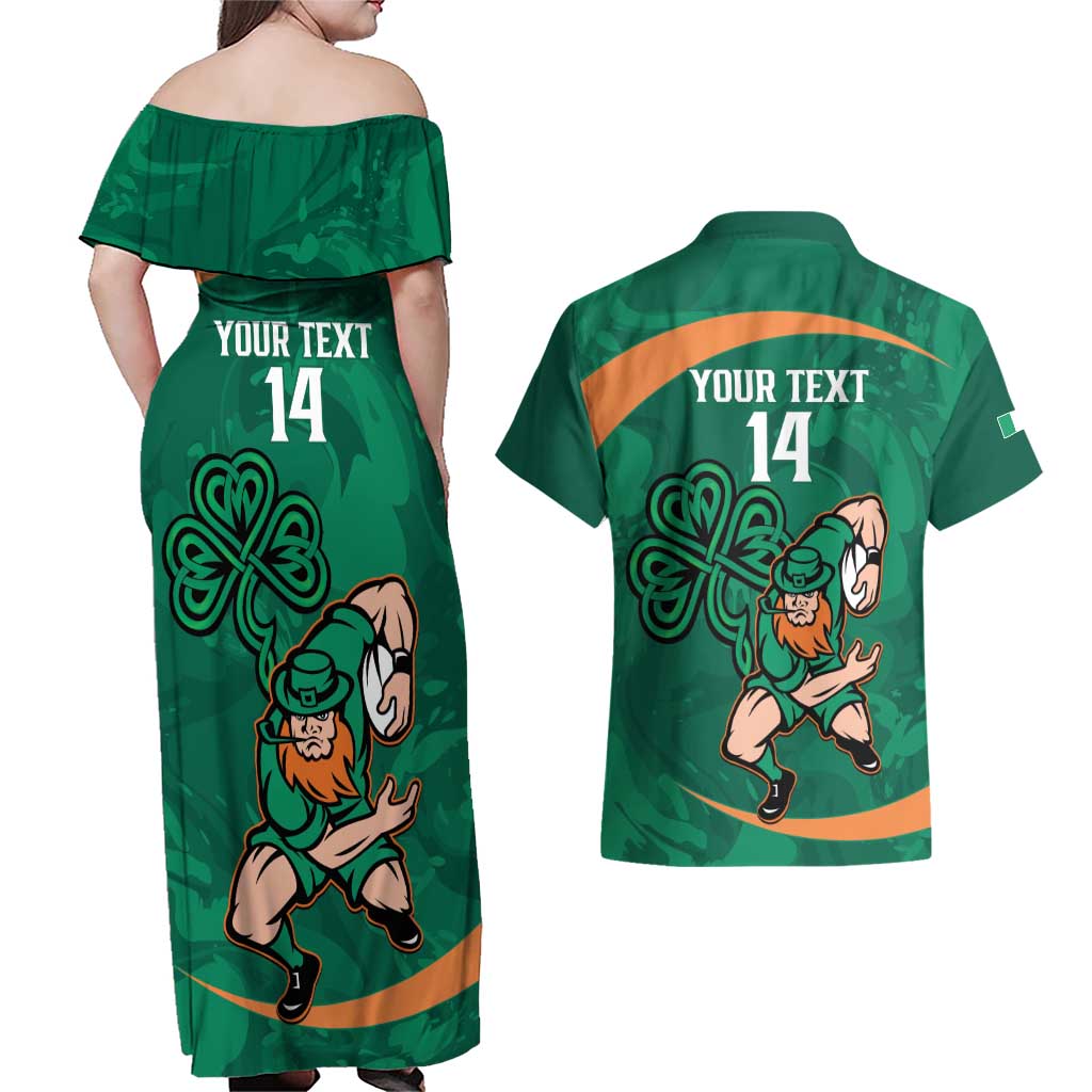 Custom Ireland Rugby Sevens Couples Matching Off Shoulder Maxi Dress and Hawaiian Shirt Go Champions Irish Shamrock