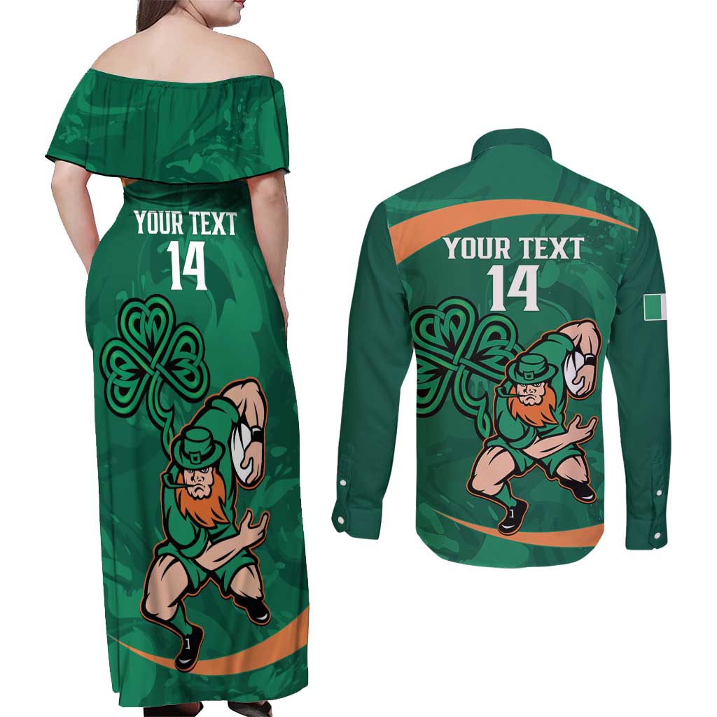Custom Ireland Rugby Sevens Couples Matching Off Shoulder Maxi Dress and Long Sleeve Button Shirt Go Champions Irish Shamrock