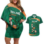 Custom Ireland Rugby Sevens Couples Matching Off Shoulder Short Dress and Hawaiian Shirt Go Champions Irish Shamrock