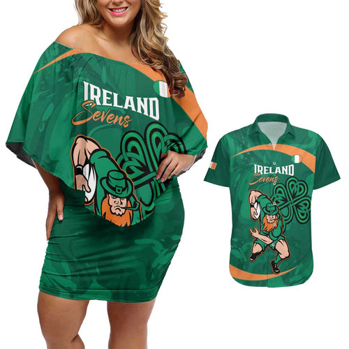 Custom Ireland Rugby Sevens Couples Matching Off Shoulder Short Dress and Hawaiian Shirt Go Champions Irish Shamrock