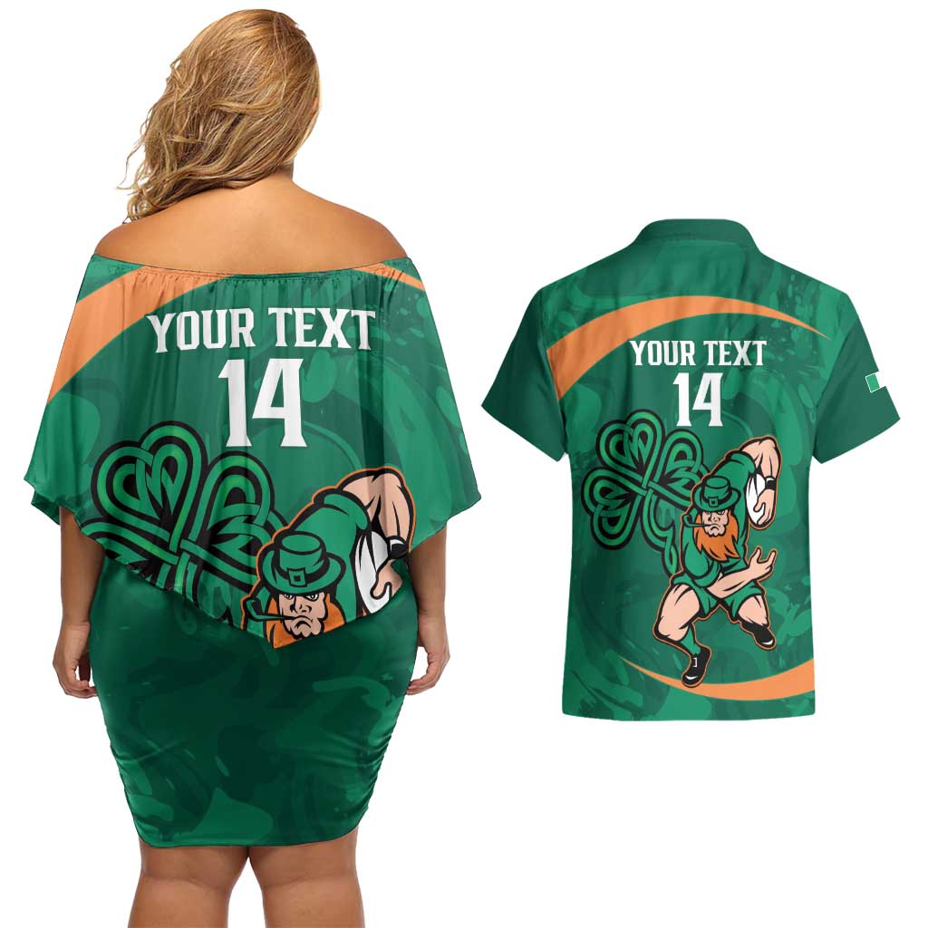 Custom Ireland Rugby Sevens Couples Matching Off Shoulder Short Dress and Hawaiian Shirt Go Champions Irish Shamrock