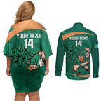Custom Ireland Rugby Sevens Couples Matching Off Shoulder Short Dress and Long Sleeve Button Shirt Go Champions Irish Shamrock