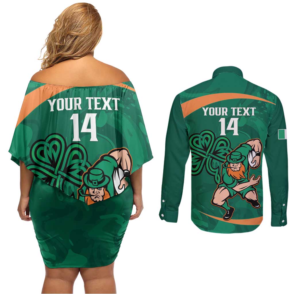 Custom Ireland Rugby Sevens Couples Matching Off Shoulder Short Dress and Long Sleeve Button Shirt Go Champions Irish Shamrock