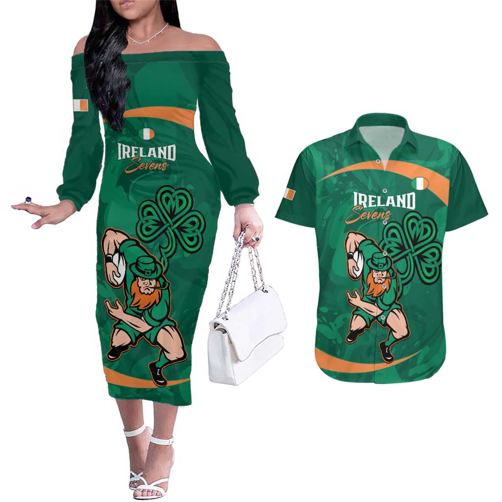 Custom Ireland Rugby Sevens Couples Matching Off The Shoulder Long Sleeve Dress and Hawaiian Shirt Go Champions Irish Shamrock