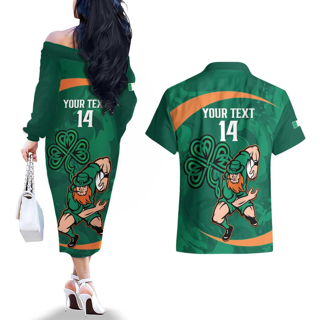 Custom Ireland Rugby Sevens Couples Matching Off The Shoulder Long Sleeve Dress and Hawaiian Shirt Go Champions Irish Shamrock