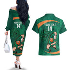 Custom Ireland Rugby Sevens Couples Matching Off The Shoulder Long Sleeve Dress and Hawaiian Shirt Go Champions Irish Shamrock