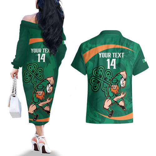 Custom Ireland Rugby Sevens Couples Matching Off The Shoulder Long Sleeve Dress and Hawaiian Shirt Go Champions Irish Shamrock