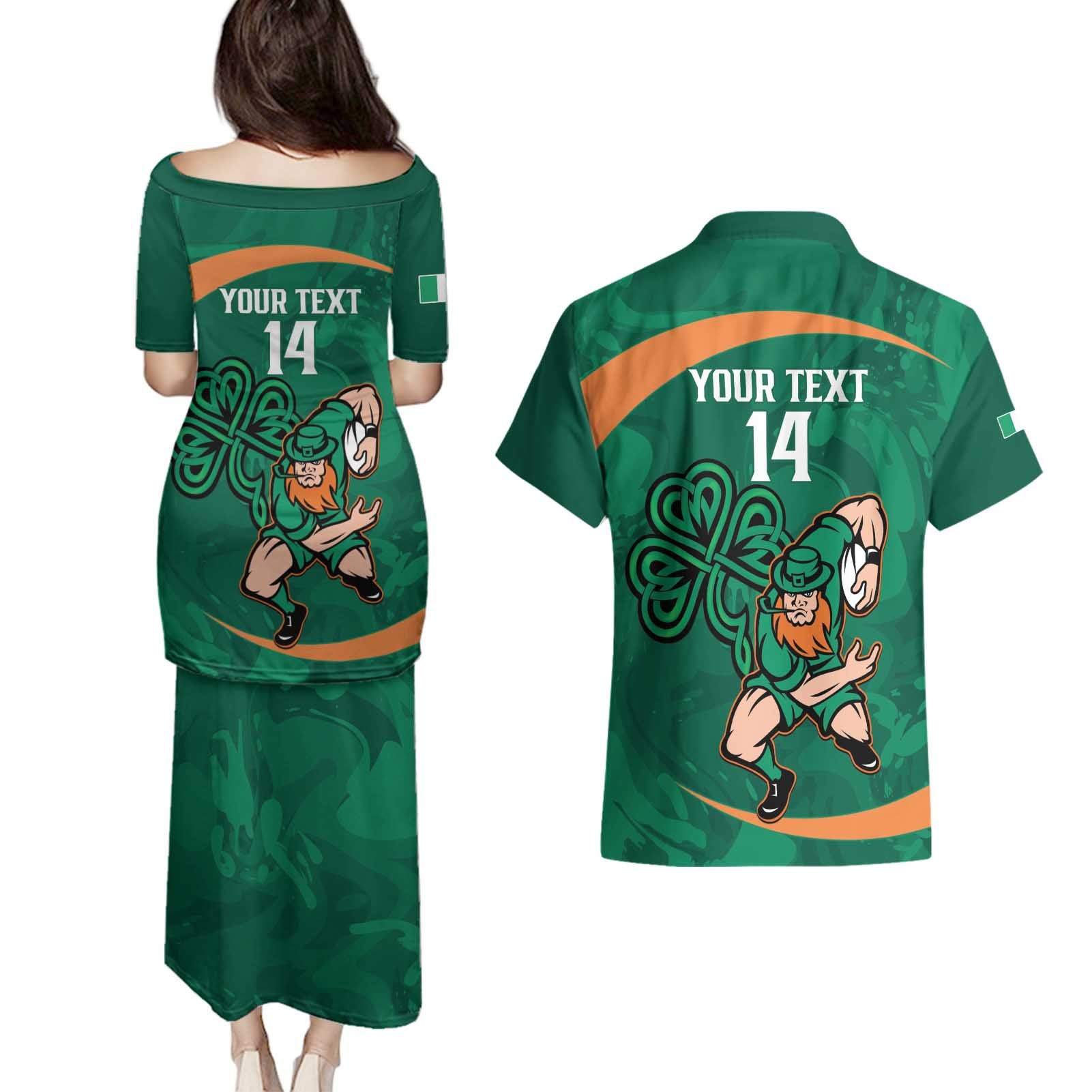 Custom Ireland Rugby Sevens Couples Matching Puletasi and Hawaiian Shirt Go Champions Irish Shamrock