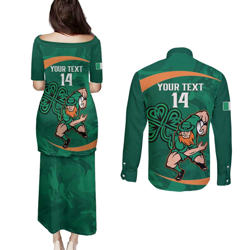 Custom Ireland Rugby Sevens Couples Matching Puletasi and Long Sleeve Button Shirt Go Champions Irish Shamrock