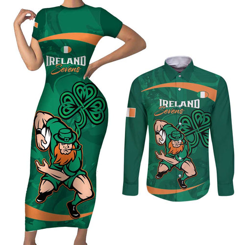 Custom Ireland Rugby Sevens Couples Matching Short Sleeve Bodycon Dress and Long Sleeve Button Shirt Go Champions Irish Shamrock