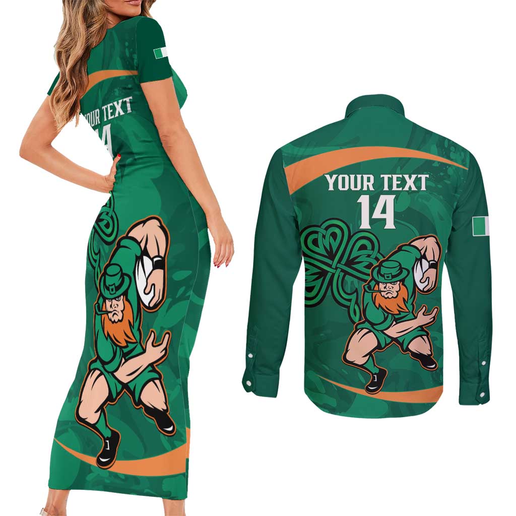 Custom Ireland Rugby Sevens Couples Matching Short Sleeve Bodycon Dress and Long Sleeve Button Shirt Go Champions Irish Shamrock
