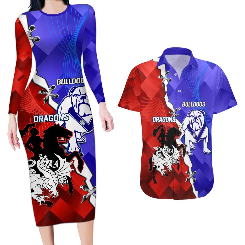 Custom Bulldogs And Dragons Rugby 2025 Couples Matching Long Sleeve Bodycon Dress and Hawaiian Shirt Dynamic Style