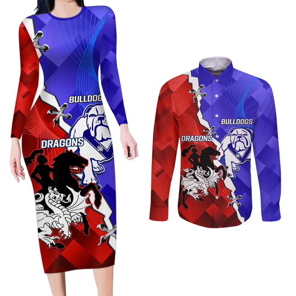 Custom Bulldogs And Dragons Rugby 2025 Couples Matching Long Sleeve Bodycon Dress and Long Sleeve Button Shirt Dynamic Style