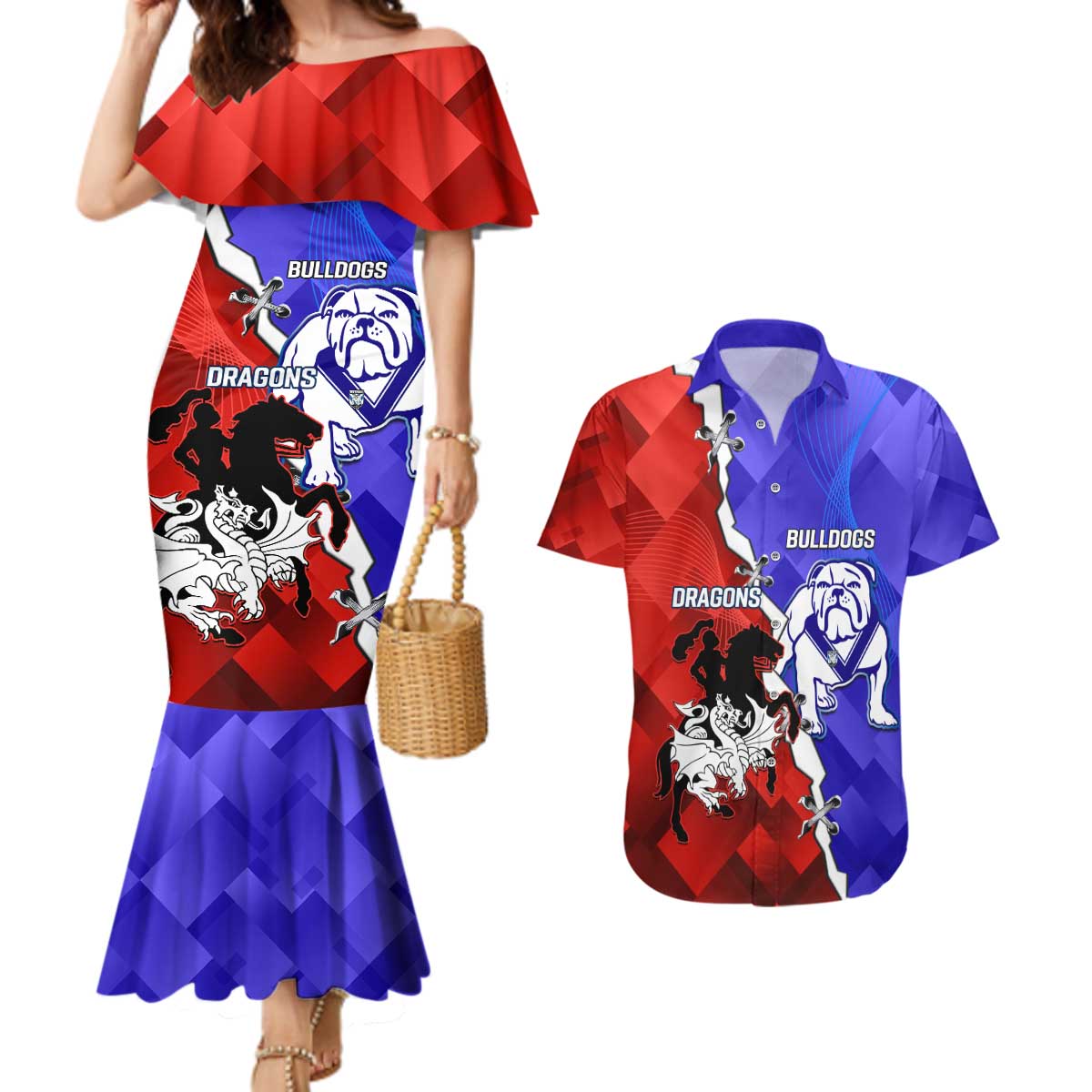Custom Bulldogs And Dragons Rugby 2025 Couples Matching Mermaid Dress and Hawaiian Shirt Dynamic Style