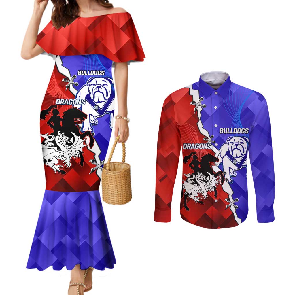 Custom Bulldogs And Dragons Rugby 2025 Couples Matching Mermaid Dress and Long Sleeve Button Shirt Dynamic Style