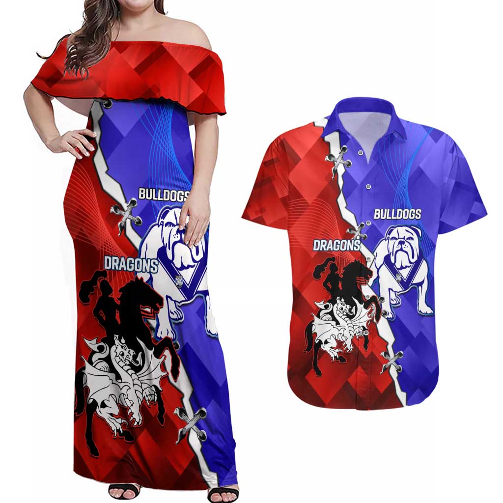 Custom Bulldogs And Dragons Rugby 2025 Couples Matching Off Shoulder Maxi Dress and Hawaiian Shirt Dynamic Style