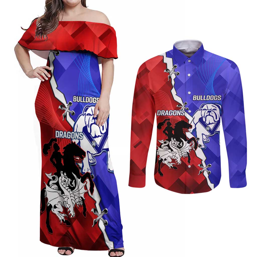 Custom Bulldogs And Dragons Rugby 2025 Couples Matching Off Shoulder Maxi Dress and Long Sleeve Button Shirt Dynamic Style
