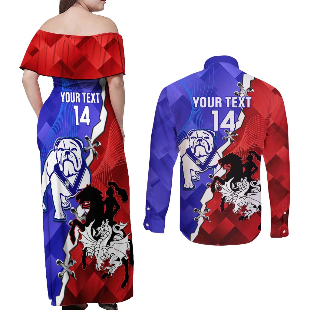 Custom Bulldogs And Dragons Rugby 2025 Couples Matching Off Shoulder Maxi Dress and Long Sleeve Button Shirt Dynamic Style