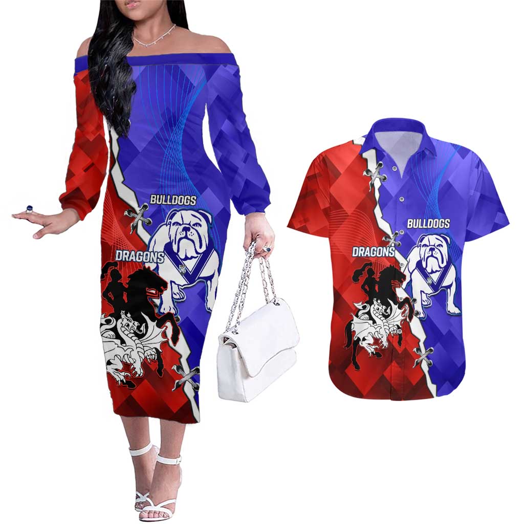 Custom Bulldogs And Dragons Rugby 2025 Couples Matching Off The Shoulder Long Sleeve Dress and Hawaiian Shirt Dynamic Style