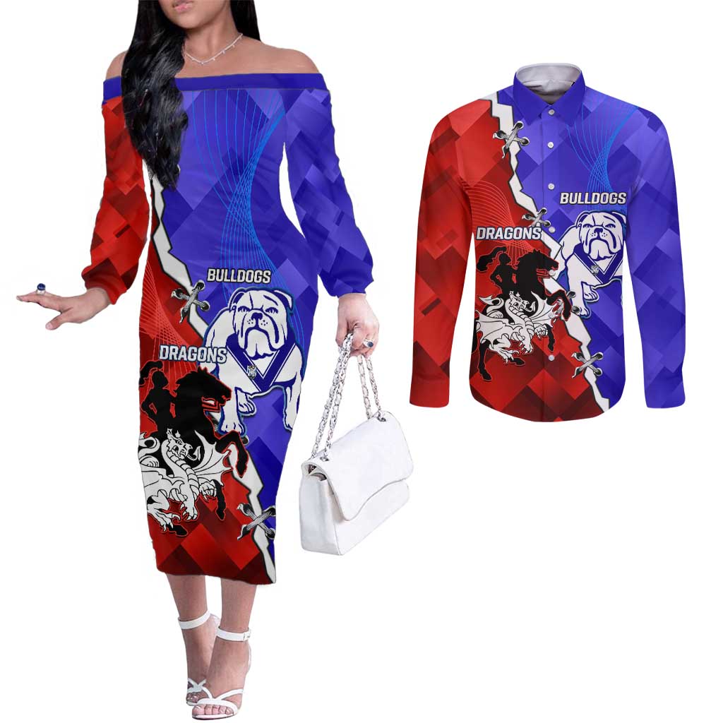 Custom Bulldogs And Dragons Rugby 2025 Couples Matching Off The Shoulder Long Sleeve Dress and Long Sleeve Button Shirt Dynamic Style
