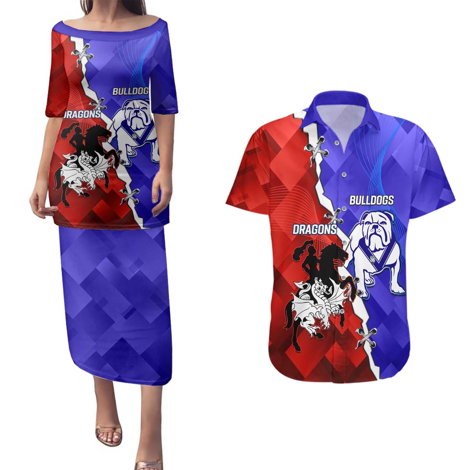 Custom Bulldogs And Dragons Rugby 2025 Couples Matching Puletasi and Hawaiian Shirt Dynamic Style