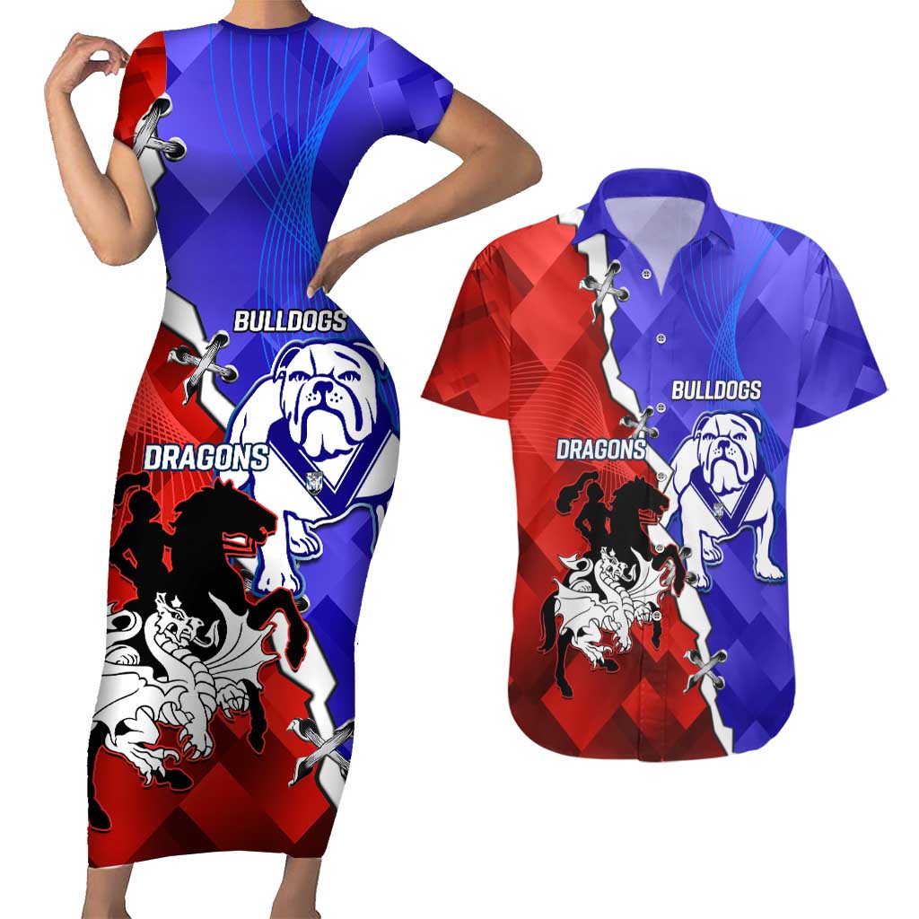 Custom Bulldogs And Dragons Rugby 2025 Couples Matching Short Sleeve Bodycon Dress and Hawaiian Shirt Dynamic Style