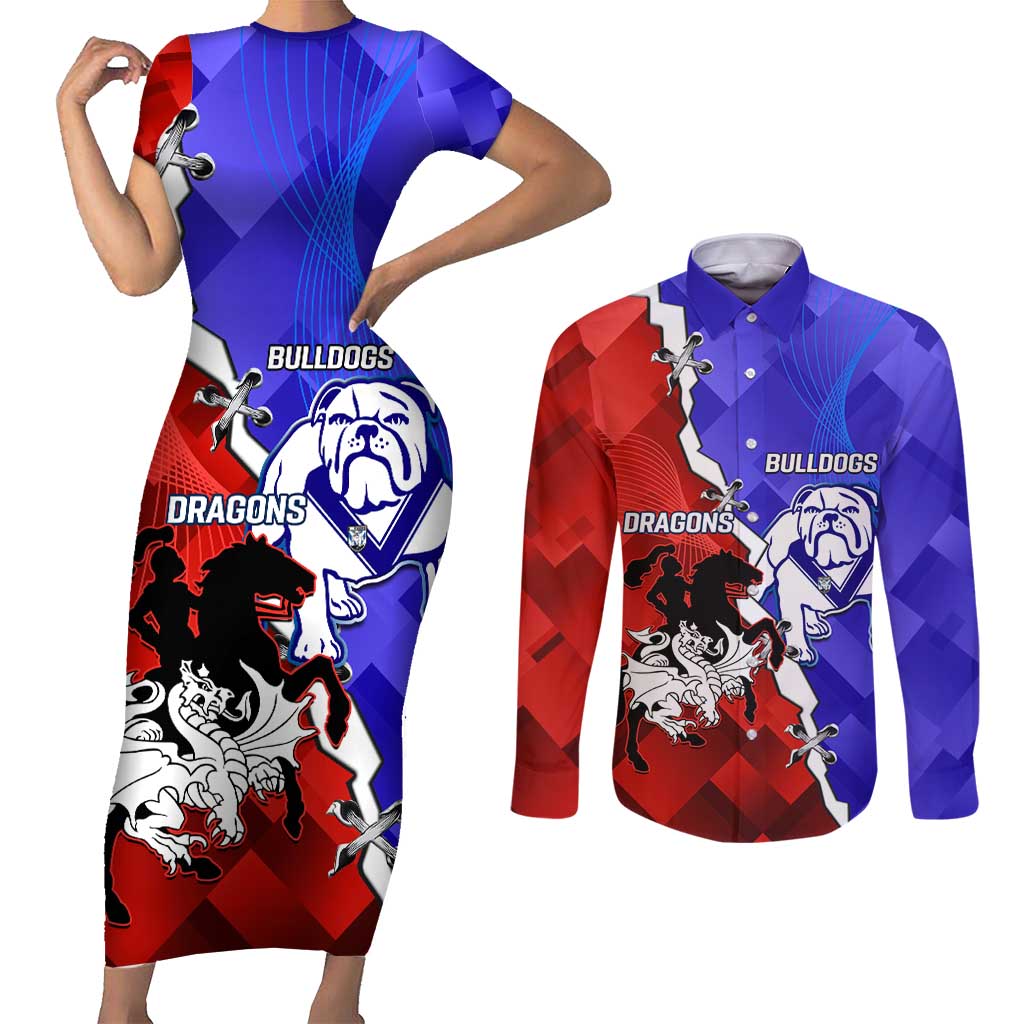 Custom Bulldogs And Dragons Rugby 2025 Couples Matching Short Sleeve Bodycon Dress and Long Sleeve Button Shirt Dynamic Style