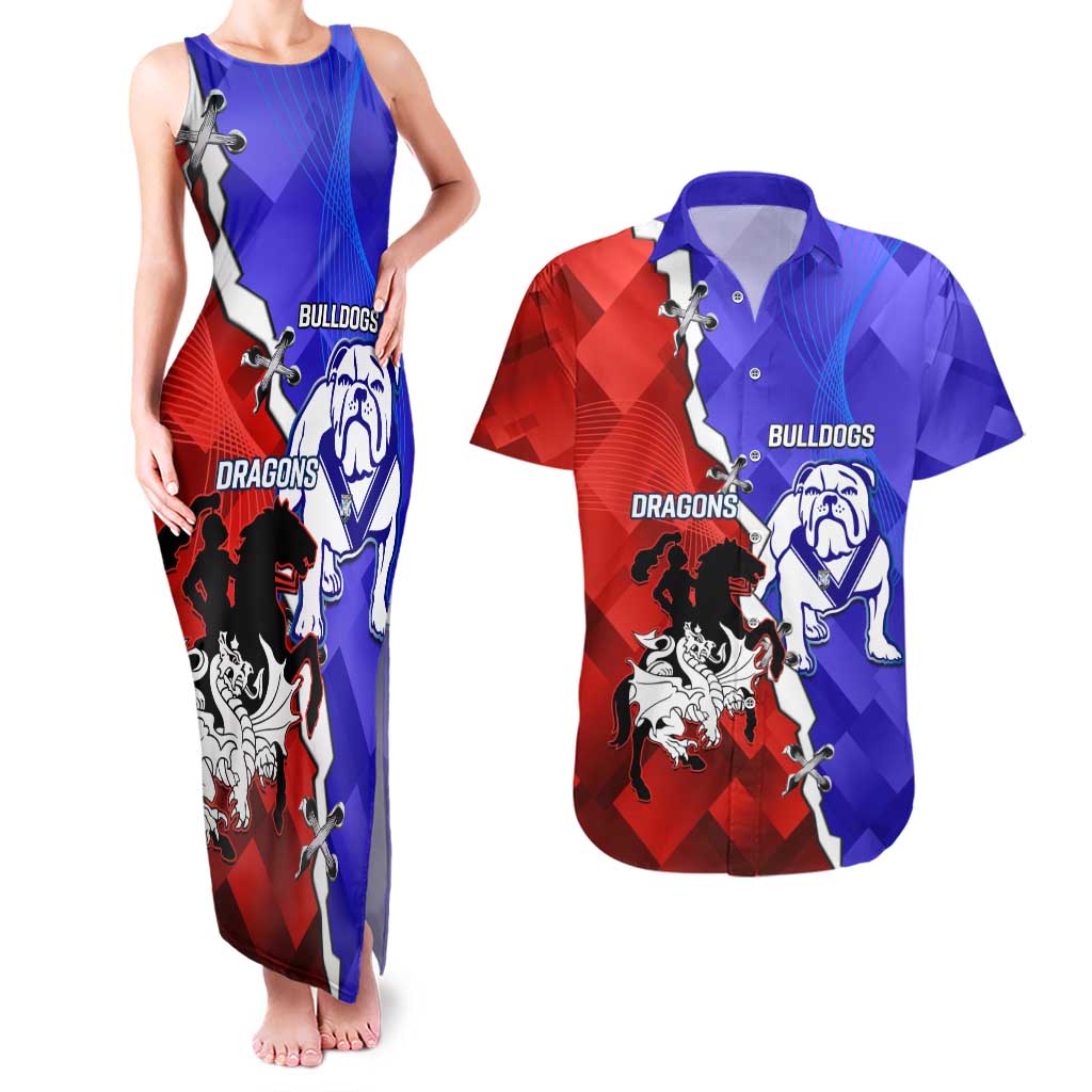 Custom Bulldogs And Dragons Rugby 2025 Couples Matching Tank Maxi Dress and Hawaiian Shirt Dynamic Style