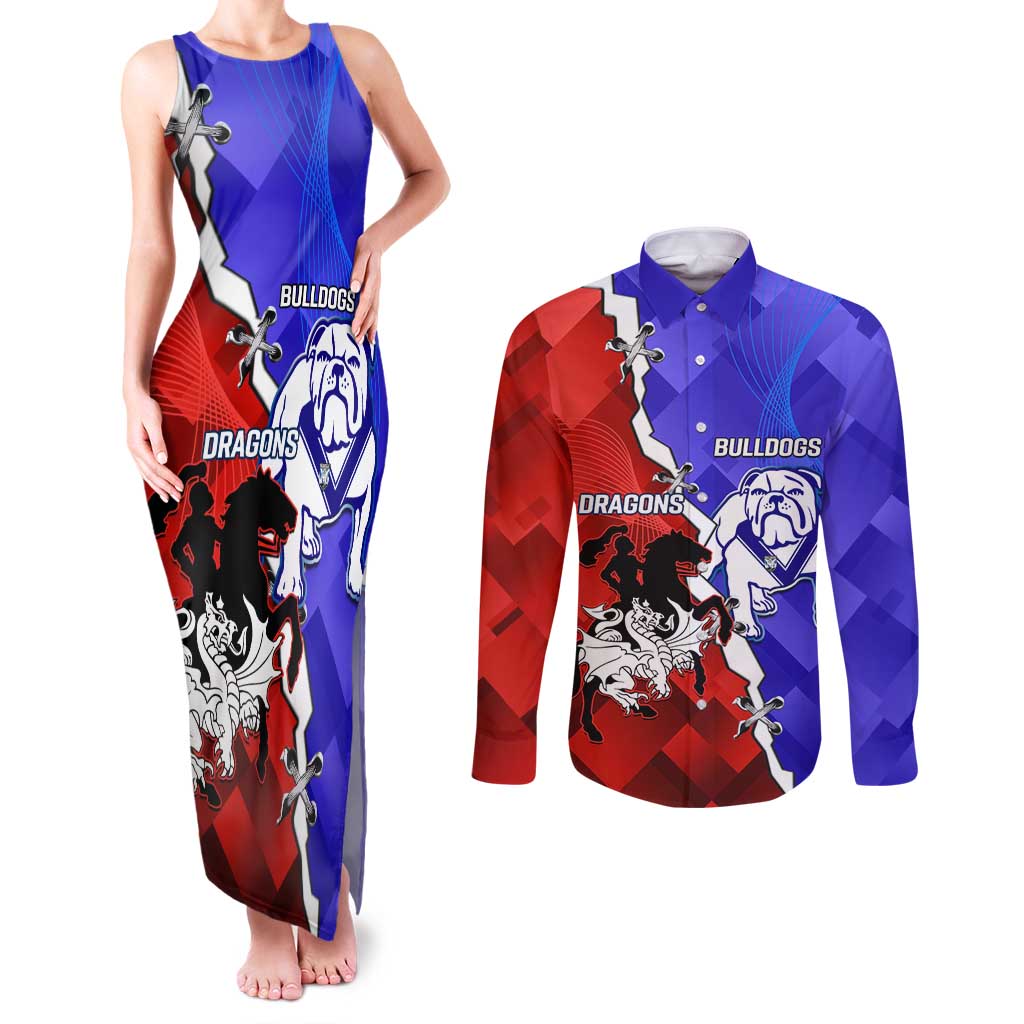 Custom Bulldogs And Dragons Rugby 2025 Couples Matching Tank Maxi Dress and Long Sleeve Button Shirt Dynamic Style