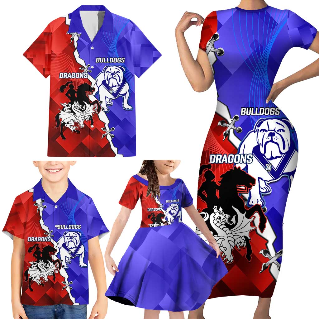 Custom Bulldogs And Dragons Rugby 2025 Family Matching Short Sleeve Bodycon Dress and Hawaiian Shirt Dynamic Style