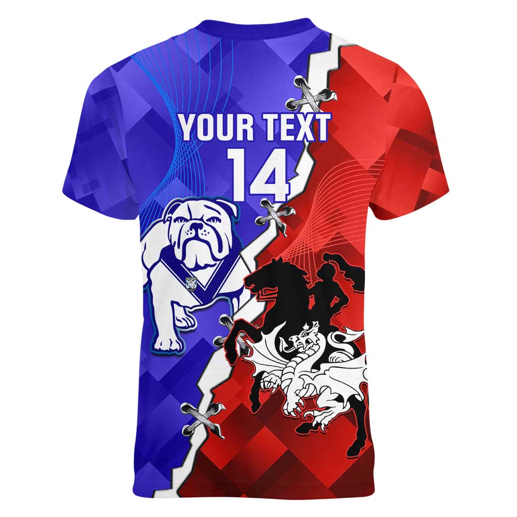 Custom Bulldogs And Dragons Rugby 2025 Women V-Neck T-Shirt Dynamic Style