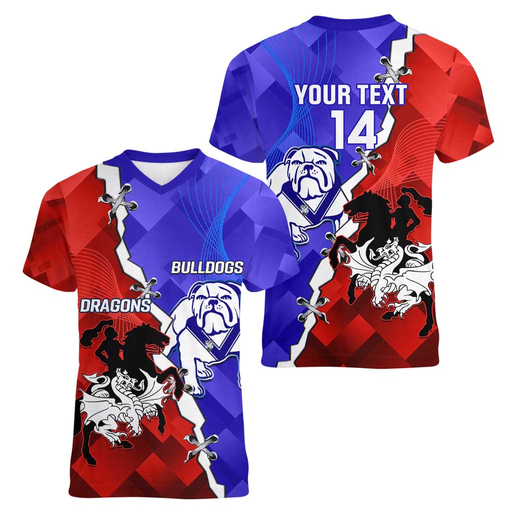 Custom Bulldogs And Dragons Rugby 2025 Women V-Neck T-Shirt Dynamic Style