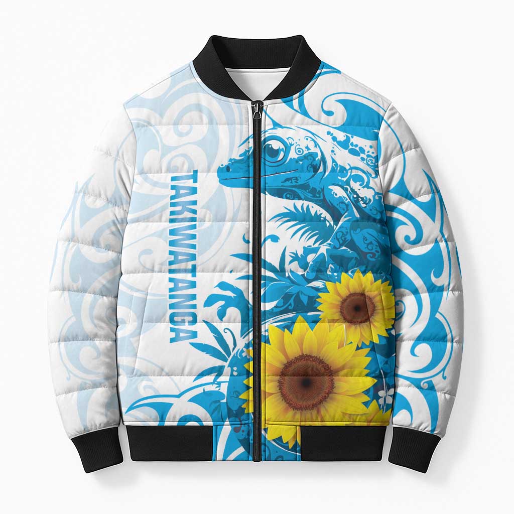New Zealand Autism Awareness Month Bomber Puffer Jacket Takiwatanga Maori Lizard With Sunflower - Aussie Hoodie