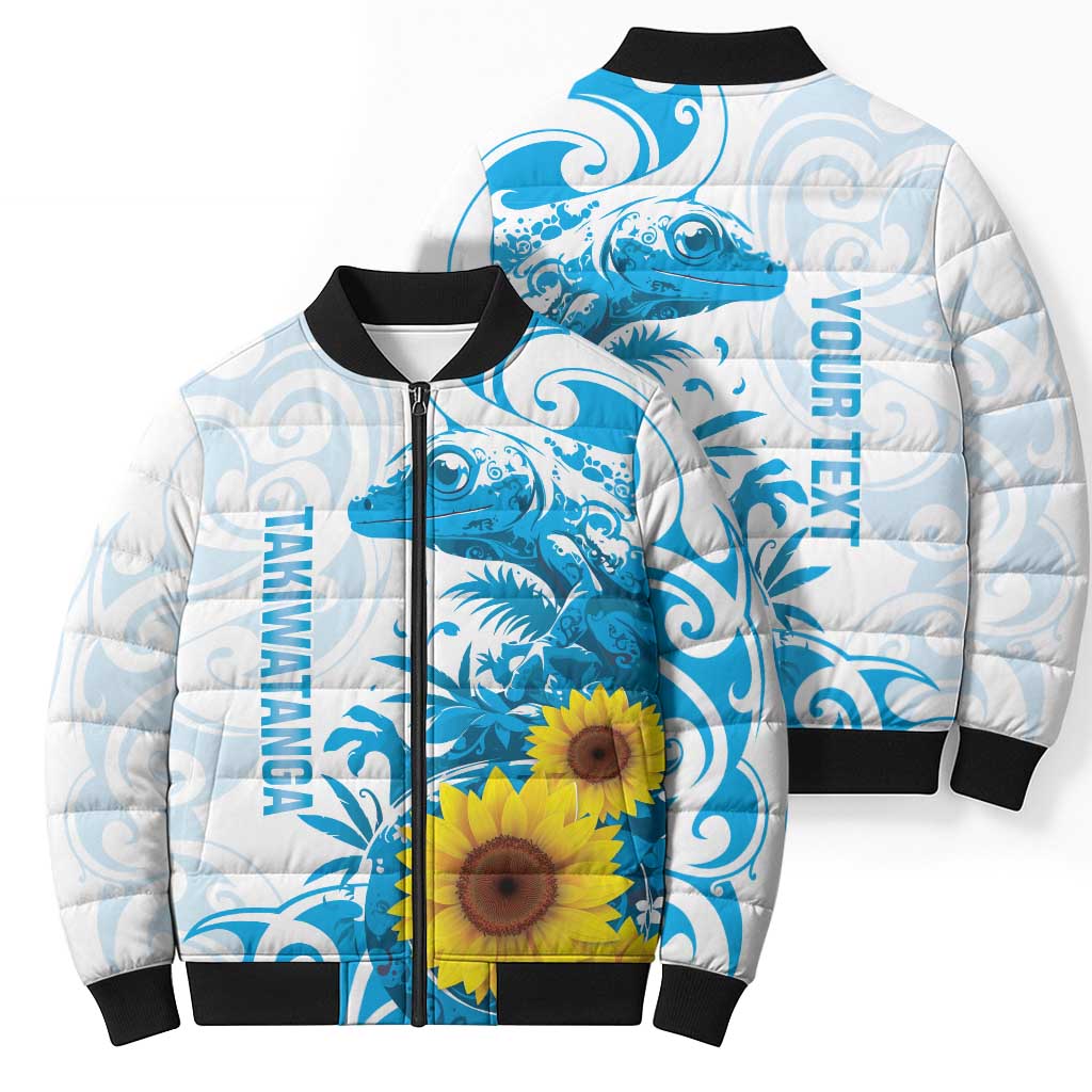 New Zealand Autism Awareness Month Bomber Puffer Jacket Takiwatanga Maori Lizard With Sunflower - Aussie Hoodie