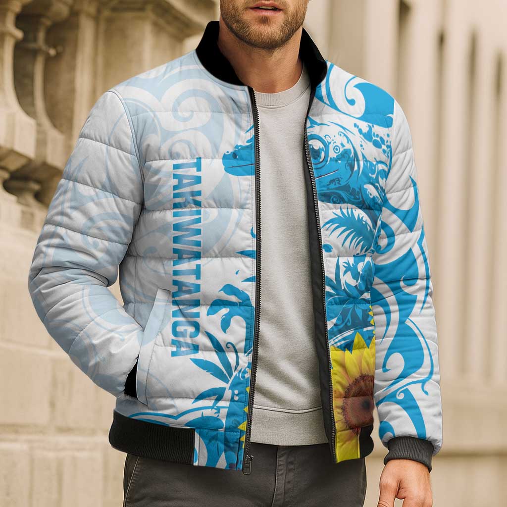 New Zealand Autism Awareness Month Bomber Puffer Jacket Takiwatanga Maori Lizard With Sunflower - Aussie Hoodie