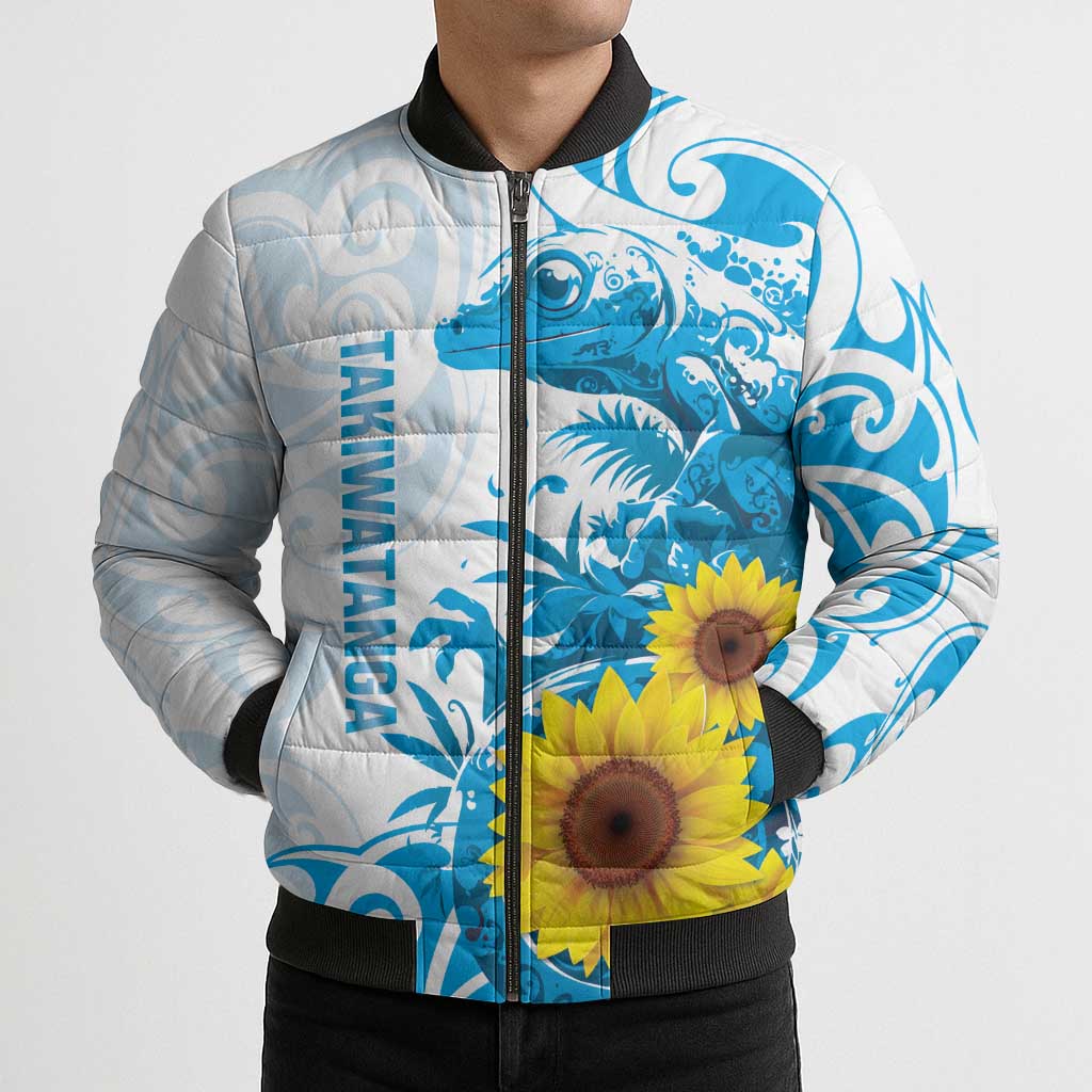 New Zealand Autism Awareness Month Bomber Puffer Jacket Takiwatanga Maori Lizard With Sunflower - Aussie Hoodie