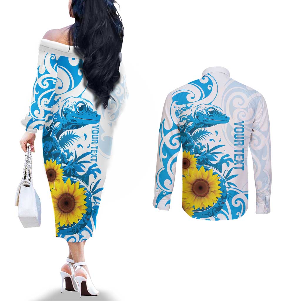New Zealand Autism Awareness Month Couples Matching Off The Shoulder Long Sleeve Dress and Long Sleeve Button Shirt Takiwatanga Maori Lizard With Sunflower