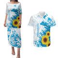 New Zealand Autism Awareness Month Couples Matching Puletasi and Hawaiian Shirt Takiwatanga Maori Lizard With Sunflower