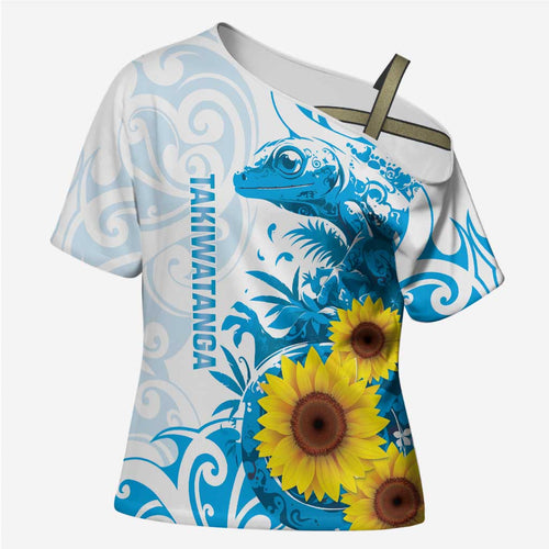 New Zealand Autism Awareness Month Cross Shoulder Shirt Takiwatanga Maori Lizard With Sunflower - Aussie Hoodie