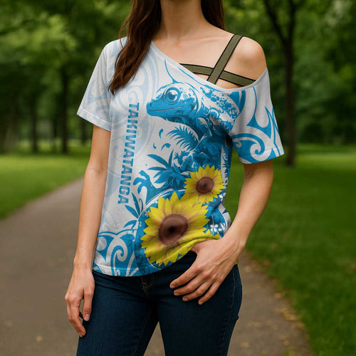 New Zealand Autism Awareness Month Cross Shoulder Shirt Takiwatanga Maori Lizard With Sunflower - Aussie Hoodie
